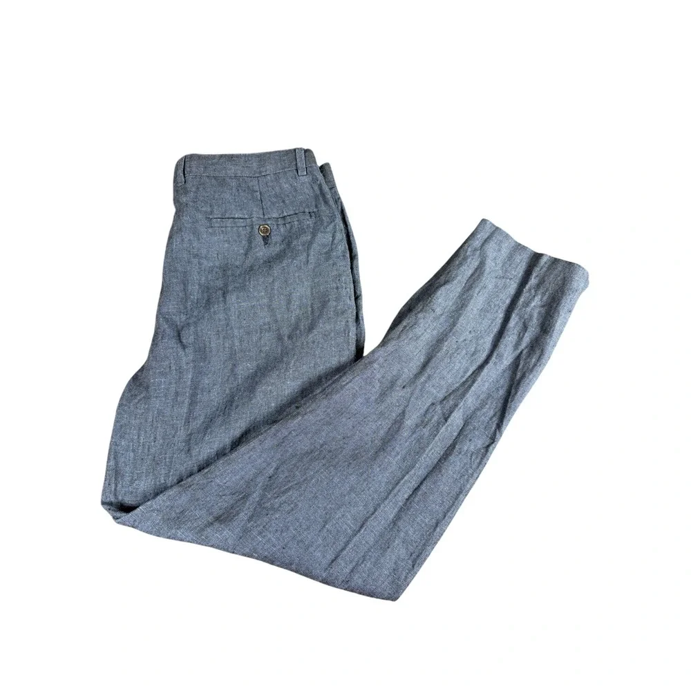 H&M Relaxed Fit Blue 100% Linen Tapper Leg Pants Size 34R Summer Boho‎ Minimal